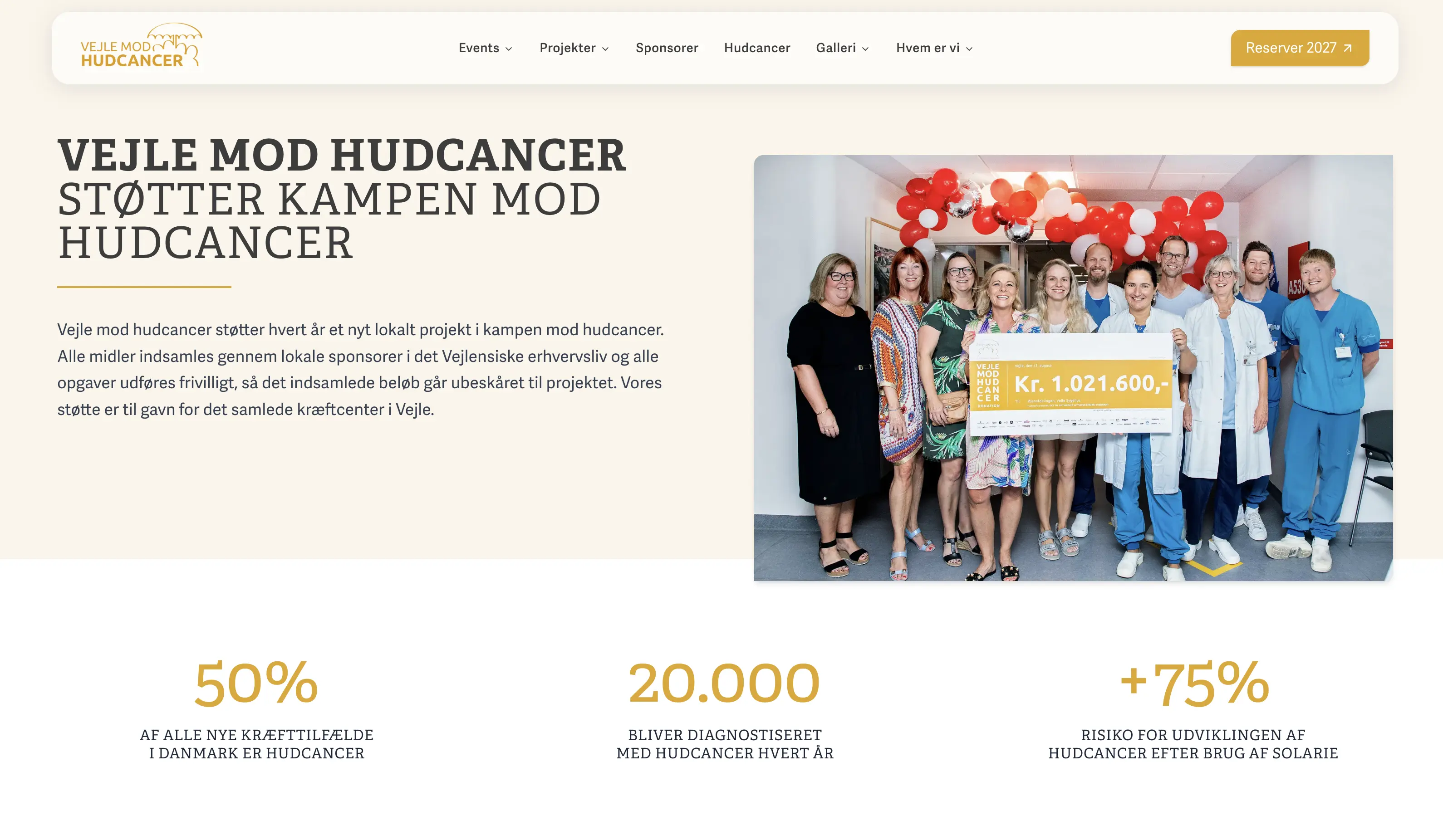Vejle mod hudcancer homepage with hero section and fundraising statistics
