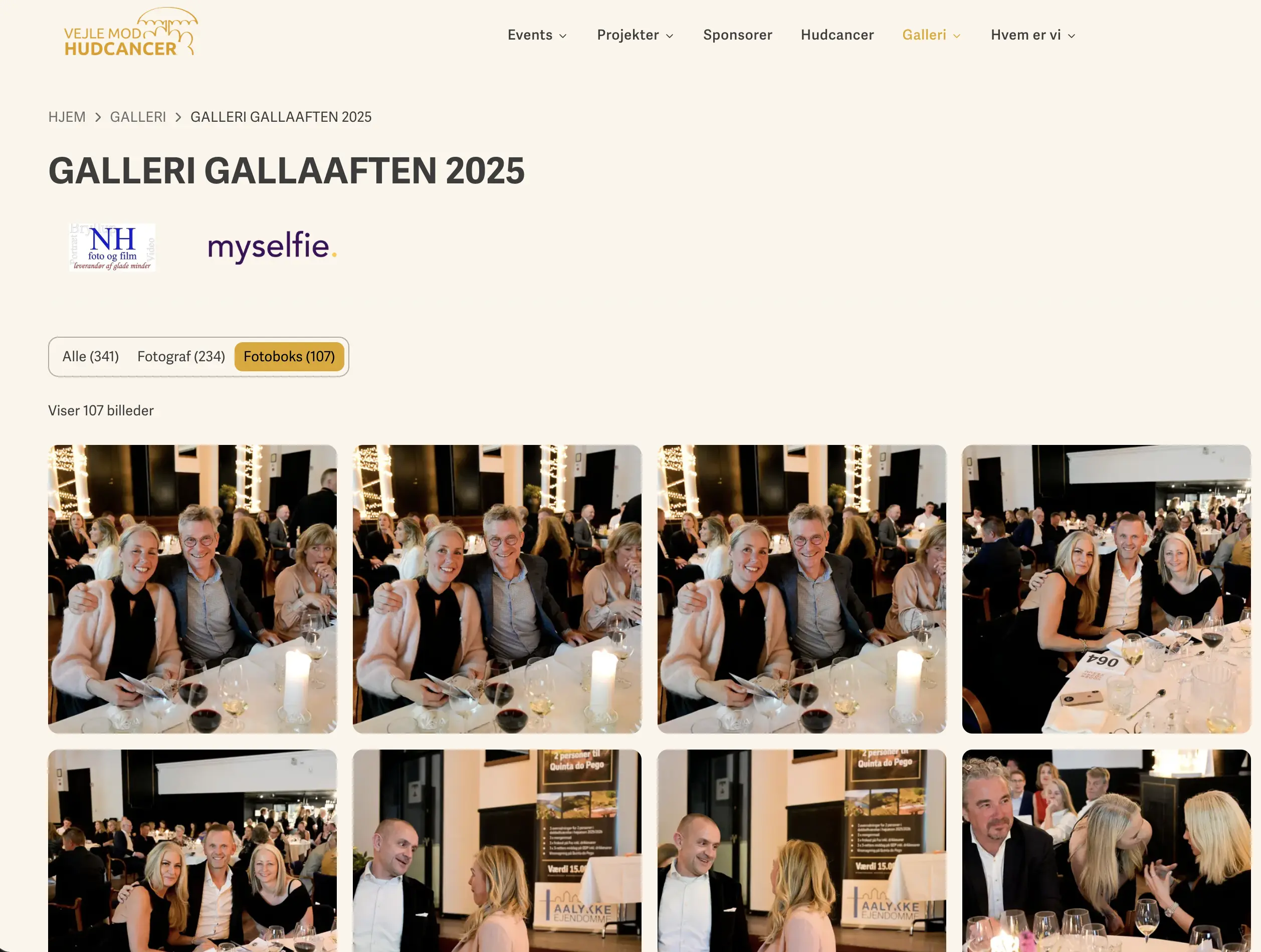Gallery page with category filters and lightbox image viewer
